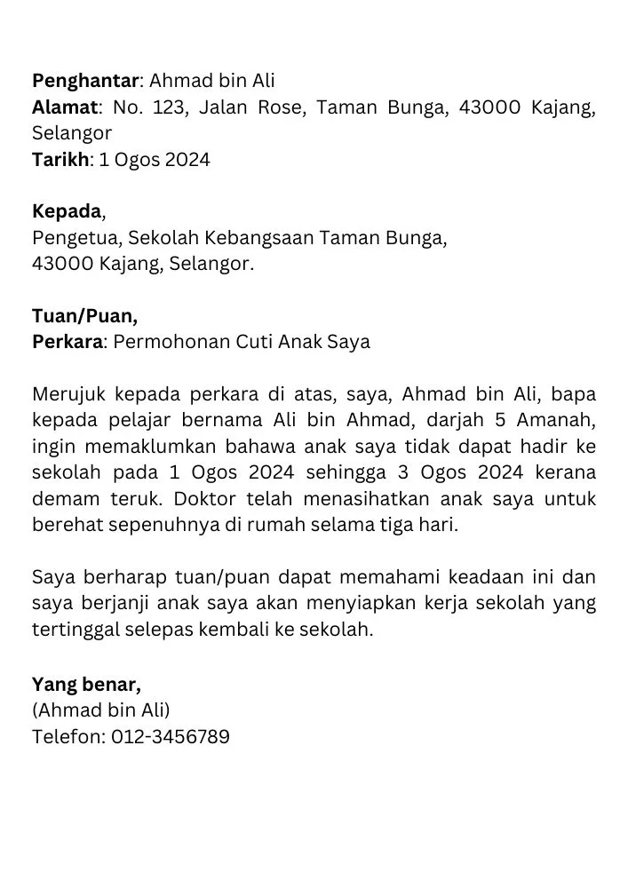 surat tidak hadir ke sekolah : contoh 1